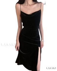 Lasaky - Refined Black Velvet Spaghetti Strap Dress - Embodying Elegance with a Knee-Length Audrey Hepburn-inspired Slip Dress Velvet Spaghetti Strap Dress, Dress Midi Party, Audrey Hepburn Inspired, Sleeveless Chiffon Dress, Velvet Pattern, Midi Party Dress, Velvet Party Dress, Elegant Midi Dresses, Wrap Around Skirt