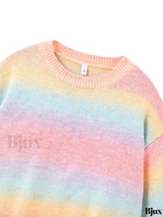 Bjux - Womens Casual Long Sleeve Ombre Color Block Sweater with Crew Neck, Loose Fit for Fall and Winter Knitwear Fashion Rainbow Long Sleeve Sweater For Spring, Long Sleeve Rainbow Sweater For Spring, Spring Rainbow Long Sleeve Sweater, Rainbow Knit Sweater For Spring, Multicolor Soft Knit Crew Neck Tops, Casual Rainbow Sweater For Spring, Casual Rainbow Tops For Winter, Casual Rainbow Top For Winter, Pastel Long Sleeve Tops For Winter