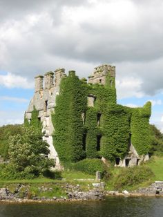 an old castle with ivy growing all over it's walls and windows on the shore