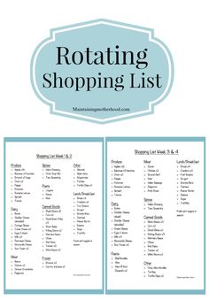 the rotating shopping list is shown in blue and white with text reading rotating shopping list