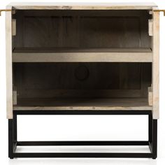 a wooden shelf with two shelves on one side and an open drawer on the other