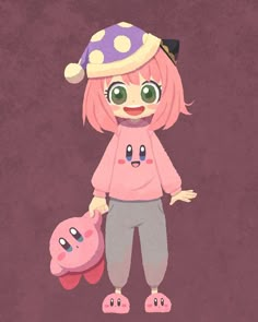 a drawing of a girl holding a pink teddy bear and wearing a purple polka dot hat