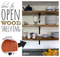 open wood shelving before and after