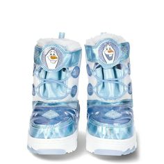 Shell be winter adventure-ready with these fun Light Up Snow Boots inspired by her favorite movie, Frozen. These durable snow boots feature elastic laces and an adjustable hook-and-loop strap with printed artwork of Elsa, Anna and Olaf. Designed for cozy comfort with faux fur trim at the collar. Light up soles (on/off switch included) complete the look. Perfect for cold, snowy daysthese snow boots are sure to be her new favorite. Size: 10.  Color: Blue.  Gender: female.  Age Group: toddler. Elsa Boots For Kids, Elsa Anna And Olaf, Frozen Shoes, Anna And Olaf, Girls Cowgirl Boots, Combat Shoes, Toddler Girl Boots, Dress Up Shoes, Disney Toddler