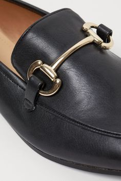 Loafers - Black - Ladies | H&M US 3 Chic Loafers With Buckle Closure For Work, Chic Business Loafers With Buckle Closure, Chic Slip-on Loafers With Buckle Closure, Chic Office Loafers With Buckle Closure, Chic Loafers With Metal Pin Buckle For Work, Chic Horsebit Detail Slip-on Loafers, Chic Loafers With Horsebit Detail And Round Toe, Chic Loafers With Horsebit Detail, Chic Faux Leather Flats For Office