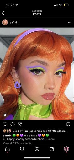 Daphne Blake Costume Ideas, Dafne Costume Ideas, Daphne Inspired Makeup, Scooby Do Makeup, Daphne Diy Costume, Daphne Scooby Doo Makeup, Daphne Makeup Scooby Doo, Halloween Costumes With Orange Hair, Daphne Blake Makeup