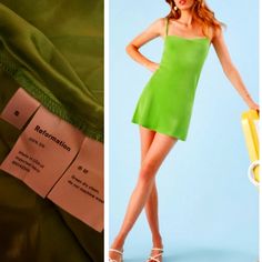 Gorgeous And Easy To Dress Up W Rhinestone Accents And Faux Fur Or Shimmer At The Beach In Sandals. I Need An Xs Green Sleeveless Beachwear Mini Dress, Green Sleeveless Mini Dress For Beach Cover-up, Getaway Dress, Reformation Dress, Silk Slip, Holiday Dresses, Dress Up, Mini Dress, Silk