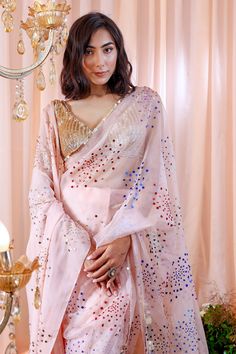 Rose quartz organza saree with multi colored sequin embroidery. Comes with padded embroidered blouse and organza drape.
Component: 3
Pattern: Hand Embroidered
Type Of Work: Sequins
Neckline: V-Neck
Fabric: Organza, Lining: Shantoon
Color: Pink
Other Details: 
Multi colored sequins
Back plunged neck blouse
Occasion: Destination Wedding - Aza Fashions Organza Sari, Mahima Mahajan, Elle Rose, Drape Fabric, Blouse Yoke, Rose Care, Embroidered Organza, Blouse For Women, Organza Saree