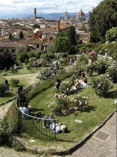 many people are sitting on the grass near some flowers and trees in a city park