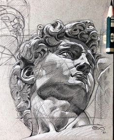 a pencil drawing of a man's face with curly hair and curls on his head