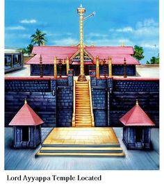 an artistic painting of a temple located in the middle of a street with steps leading up to it