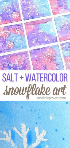 salt and watercolor snowflake art project with text overlay that says salt and watercolor snowflake art