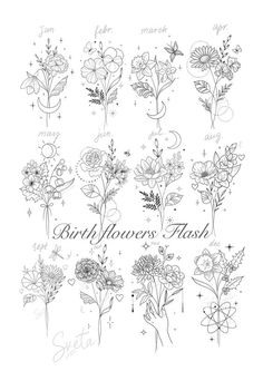 some flowers that are drawn in black ink on white paper with the words, birth flower flash