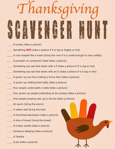 a thanksgiving scavenger hunt with a turkey on it's head and the words,