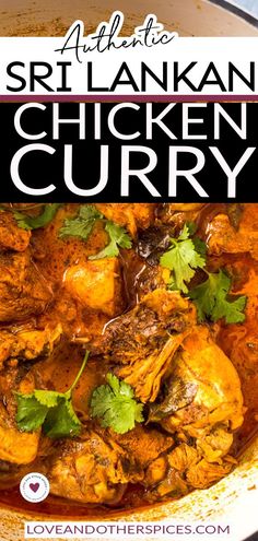 chicken curry in a white bowl with text overlay that reads sri lanka chicken curry