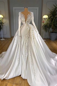 Glamorous Long Sleeve Pearls Wedding Dress V-Neck With Detachable Train Online-Ballbella White Wedding Gown, Pearl Wedding Dress, Long Sleeve Evening Gowns, Detachable Train, White Wedding Dress, White Prom Dress, Beaded Prom Dress, Sleeve Wedding Dress, High Quality Dress