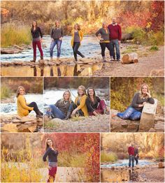 a group of people sitting on rocks next to a river in the fall and autumn