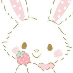 a drawing of a bunny holding a strawberry in its hand with polka dots on it