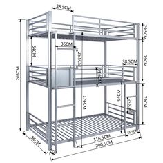 the bunk bed is shown with measurements for each side and bottom section, along with additional storage space