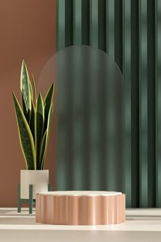 a potted plant sitting on top of a table next to a window with vertical blinds