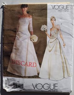 an image of a woman's wedding dress on the cover of a sewing pattern