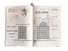 an open notebook with drawings and diagrams on the pages, including a birdcage