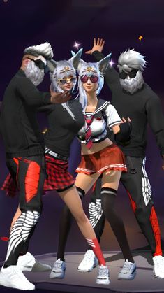 three people dressed up in costumes and masks on stage with one person holding his hand out to the other