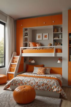 an orange and white bedroom with stairs to the top bunk, bed in front of window