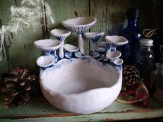 a white sink sitting on top of a wooden table next to pine cones and bottles