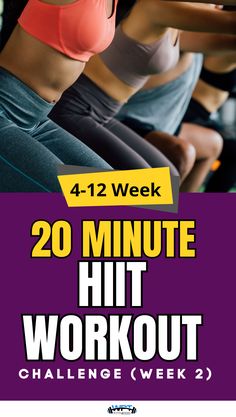 a poster for the 20 minute hit workout challenge, featuring women in sports bras