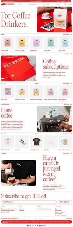 the website for coffee drinkers is shown in red and white, with an image of a