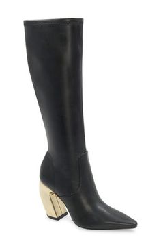 An artistically curved heel in a gleaming goldtone finish heightens the modern allure of this sleek knee-high boot complete with a pointy toe. 3 1/2" heel 13 1/2" shaft; 11" calf circumference. Narrow calf Side zip closure Cushioned footbed Synthetic upper/textile lining/leather sole Imported Nordstrom Store, Black Fits, Boot Shoes Women, Knee High Boots, Side Zip, Knee High, The Modern, Womens Boots, Shoe Boots