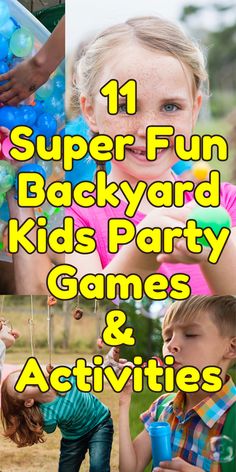 Kids playing backyard games including blowing bubbles, egg and spoon race, doughnut challenge game and preparing balloons for a water fight