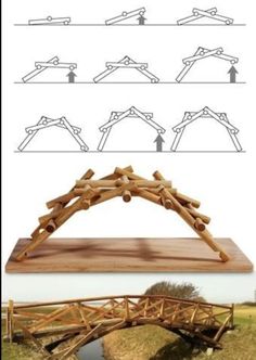 the bridge is made out of wood and has many different angles to it, including one that