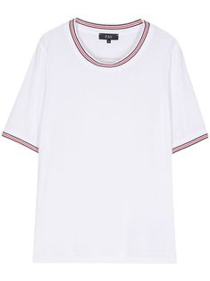 white/red/navy blue stretch-design soft jersey stripe ribbed trim round neck short sleeves straight hem unlined Classic White T-shirt With Contrast Stripes, White Short Sleeve Top With Striped Sleeves, White Crew Neck T-shirt With Striped Sleeves, Classic Summer T-shirt With Striped Collar, Classic Short Sleeve Tops With Striped Hem, Classic Tops With Striped Hem And Short Sleeve, Classic Short Sleeve Top With Striped Hem, White Crew Neck T-shirt With Striped Collar, White Striped Collar T-shirt For Summer