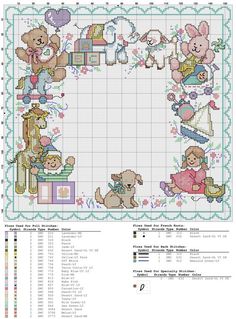 a cross stitch pattern with teddy bears and other items on it's side, in the shape of a frame