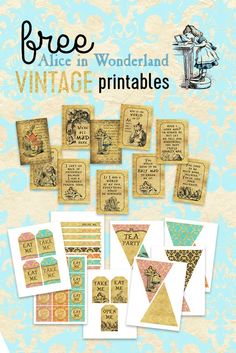 an image of vintage printables with the title free alice in wonderland written on them