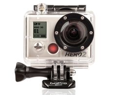 the gopro hero 2 action camera is shown in front of a white background with black accents