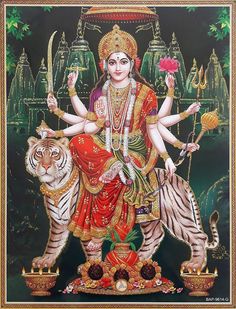 a painting of the goddess sitting on top of a tiger