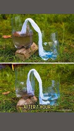 two pictures showing the same amount of water being poured into an empty glass vase on top of a rock