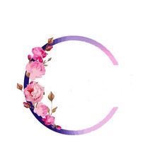 the letter c is made up of pink flowers on a blue and purple circle with leaves