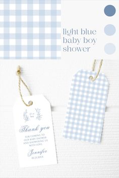 two tags with blue gingham checks on them and the words thank baby boy shower