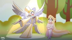 two cartoon characters standing next to each other in front of trees and grass, one is wearing an angel costume