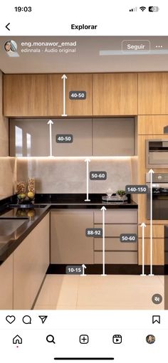 a kitchen with an appliance that shows the measurements for different appliances in it