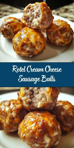 several different types of cheese balls on a white plate with the words, royal cream cheese sausage balls