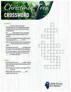 the christmas tree crossword is shown on a white wooden background with green trees in the background