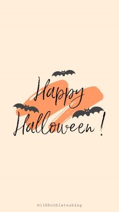 the words happy halloween written in black ink on an orange background with bats flying around