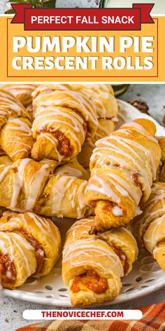 pumpkin pie crescent rolls on a white plate with text overlay that reads perfect fall snack