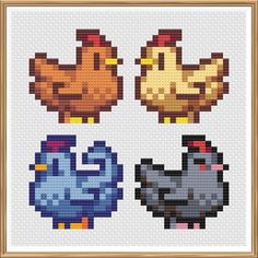 cross stitch pattern with four different types of chickens