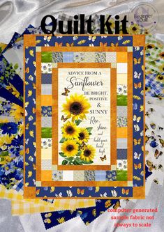 a quilt kit with sunflowers and butterflies on the front, surrounded by fabric